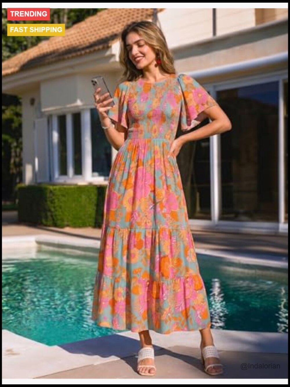 Boho Floral Maxi Dress with Flutter Sleeve, Smocked Bodice, Tiered Skirt - Picture 2 of 7